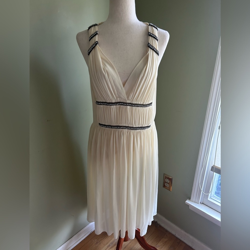 Theory ivory silk chiffon Jean-Marie dress. Sleeveless w/drop waist/jewels Sz 10